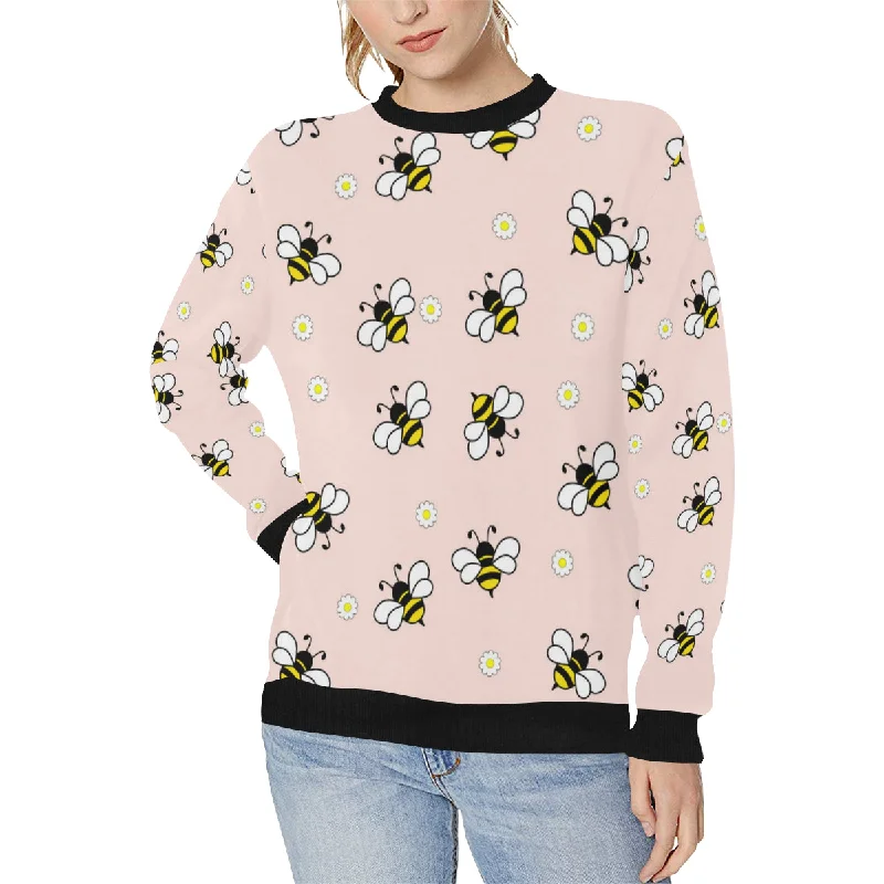 Cute bee flower pattern pink background Women's Crew Neck Sweatshirt Hoodie with Hem Embroidery Detailed Premium Cute bee flower pattern pink background Women's Crew Neck Sweatshirt Hoodie with Hem Embroidery Detailed Premium