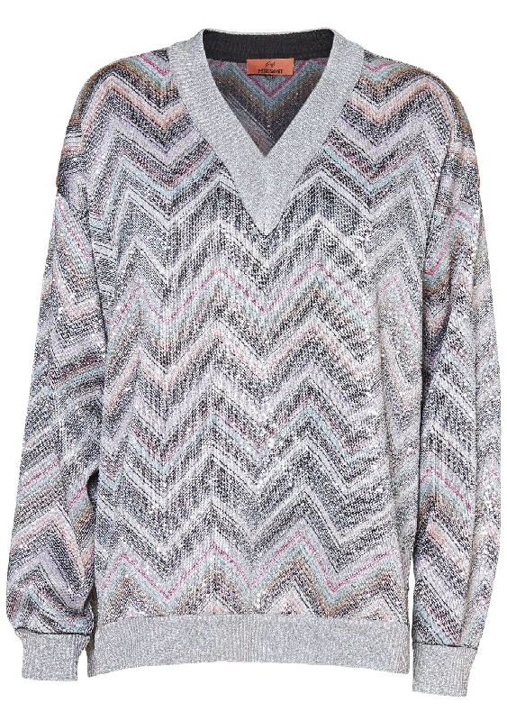 Oversize Sequin V-Neck Sweater Chenille Blend Fleece Blend Nylon Blend