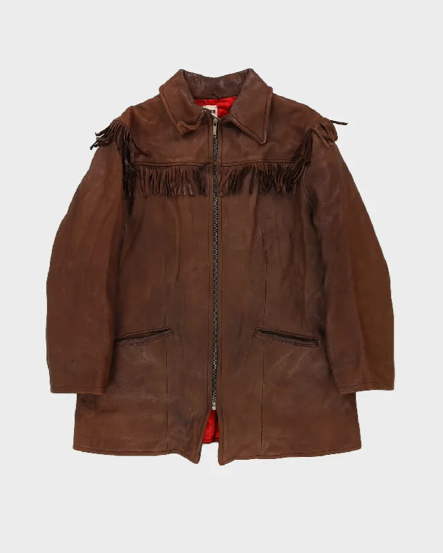 Vintage Brown Fringed Leather Jacket - M / L A-Line Jacket Boat Neck Shawl Collar