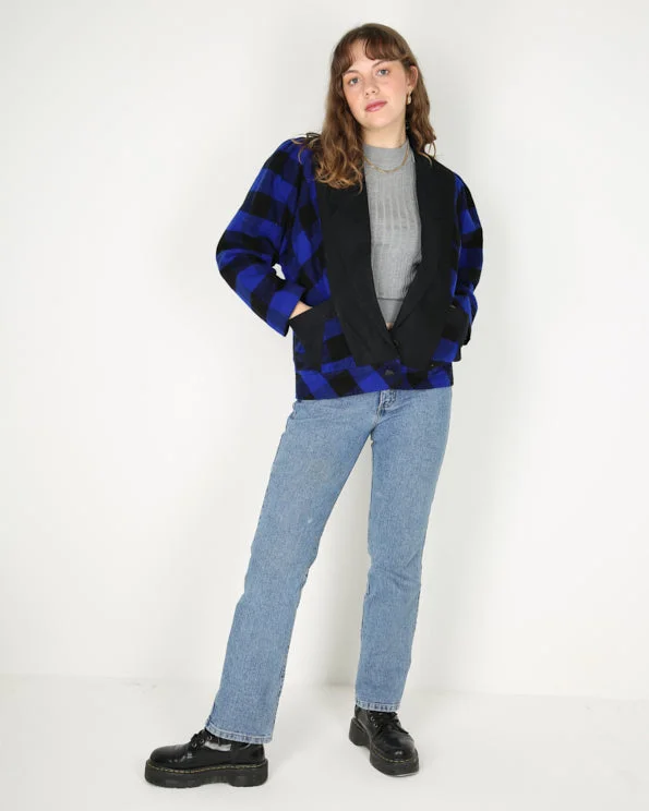 1980s style blue black checked ruffle jacket - L Denim Jacket Leather Jacket Suede Jacket 1980s style blue black checked ruffle jacket - L Denim Jacket Leather Jacket Suede Jacket