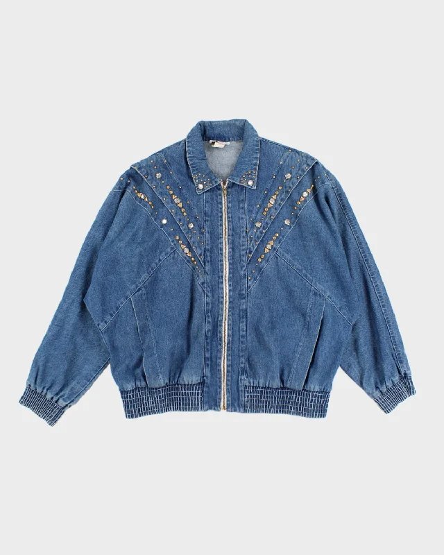 Vintage 80's Rhinestone Denim Zip Up Jacket - L Front Pockets Side Pockets Patch Pockets Vintage 80's Rhinestone Denim Zip Up Jacket - L Front Pockets Side Pockets Patch Pockets