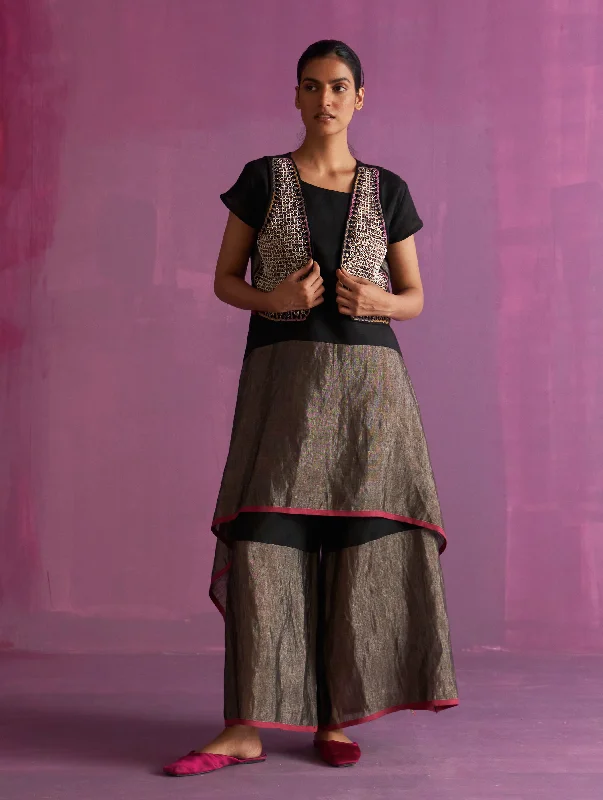 Kasa Co-ord Set with Jacket - Black A-Line Jacket Boat Neck Shawl Collar