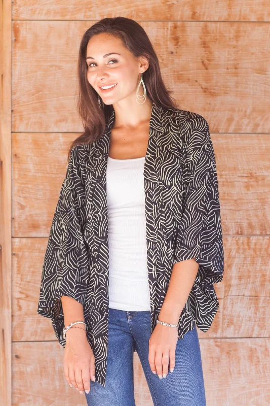 Bedeg Black and Ecru Rayon Batik Women's Open Front Jacket Nylon Jacket Polyester Jacket Spandex Jacket Bedeg Black and Ecru Rayon Batik Women's Open Front Jacket Nylon Jacket Polyester Jacket Spandex Jacket