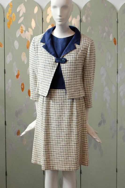 Vintage 1960s Dress Set, Blue and Cream Checkered Plaid Jacket and Dress, XS Satin Jacket Silk Jacket Chiffon Jacket Vintage 1960s Dress Set, Blue and Cream Checkered Plaid Jacket and Dress, XS Satin Jacket Silk Jacket Chiffon Jacket