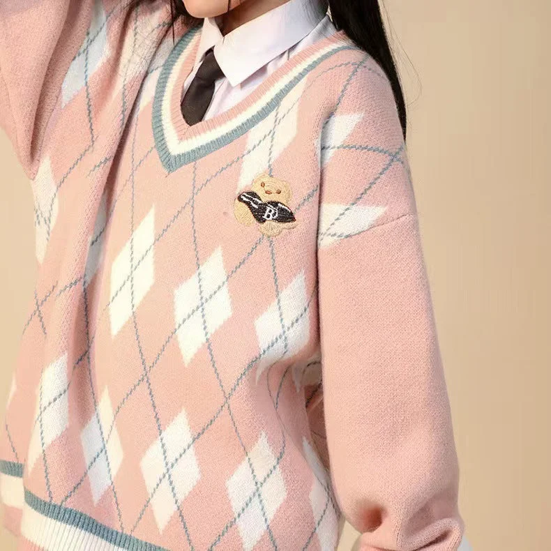 Wjczt cold weather outfits Pink Rhombus Niche V-neck Sweater Female College Style Sweet Loose Slimming Top Autumn and Winter Neon Metallic Matte Wjczt cold weather outfits Pink Rhombus Niche V-neck Sweater Female College Style Sweet Loose Slimming Top Autumn and Winter Neon Metallic Matte