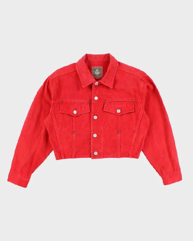Vintage 80s/90s Lee Autumn Red Cropped Denim Jacket - M Belted Jacket Elasticated Jacket Padded Jacket Vintage 80s/90s Lee Autumn Red Cropped Denim Jacket - M Belted Jacket Elasticated Jacket Padded Jacket