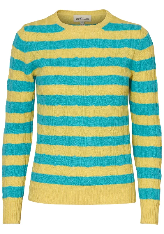 Stripey Yellow & Turquoise Cashmere Cable-knit Sweater Houndstooth Herringbone Solid