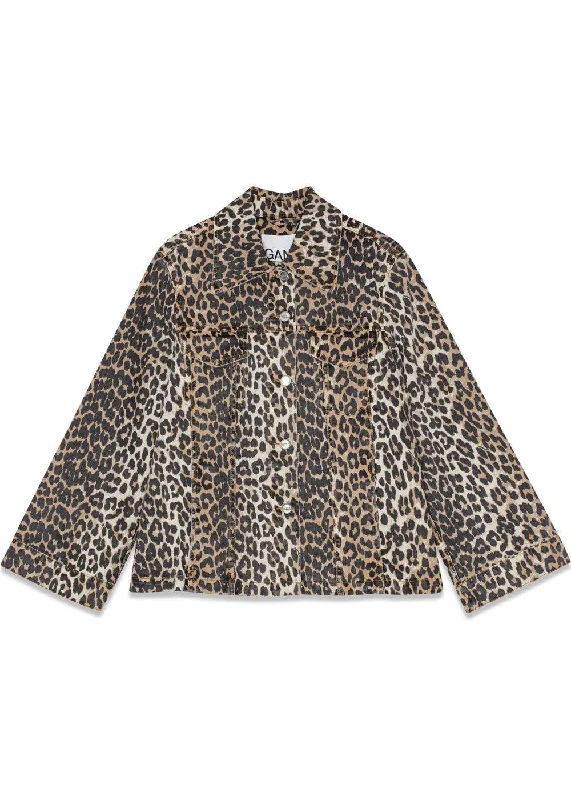 Print Denim Jacket - Leopard A-Line Jacket Boat Neck Shawl Collar