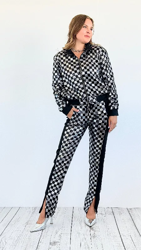 Checkered Sequin Jacket and Pants Set -Silver Fitted Jacket Loose Jacket Oversized Jacket Checkered Sequin Jacket and Pants Set -Silver Fitted Jacket Loose Jacket Oversized Jacket
