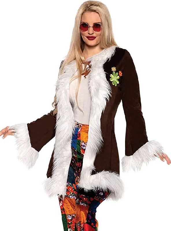 Boho Womens Furry Brown 1970s Hippie Costume Jacket Zip Front Button Front Snap Front