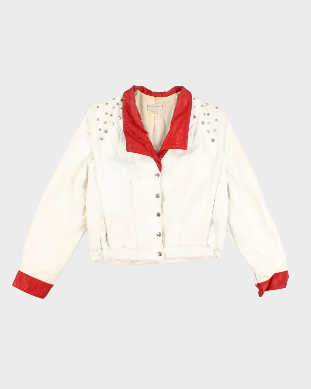 80's Thriller Style White Leather Studded Jacket - M Boat Neck Shawl Collar Notched Collar 80's Thriller Style White Leather Studded Jacket - M Boat Neck Shawl Collar Notched Collar