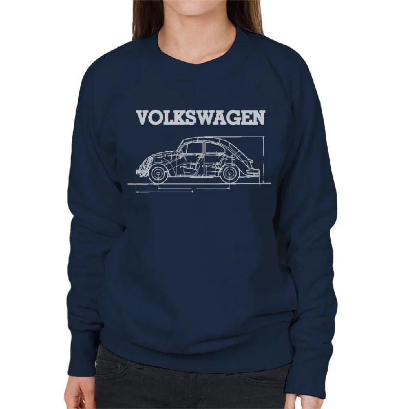 Volkswagen Beetle White Technical Blueprint Outline Women's Sweatshirt Hoodie with Raw Hem Edgy Unfinished Volkswagen Beetle White Technical Blueprint Outline Women's Sweatshirt Hoodie with Raw Hem Edgy Unfinished