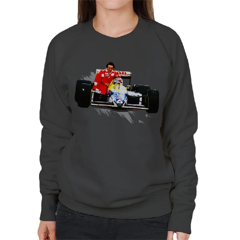 Motorsport Images Nelson Piquet Honda Gives Alain Prost A Lift German GP Women's Sweatshirt Hoodie with Typography Text Message Motorsport Images Nelson Piquet Honda Gives Alain Prost A Lift German GP Women's Sweatshirt Hoodie with Typography Text Message