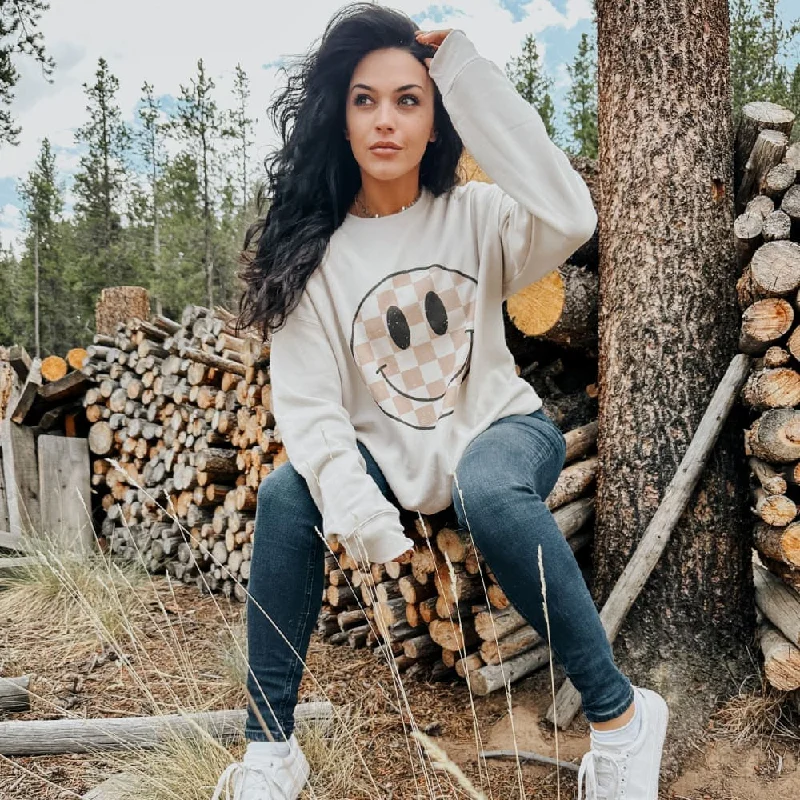 Neutral Checkerboard Smiley Sweatshirt Hoodie with Print Artistic Unique