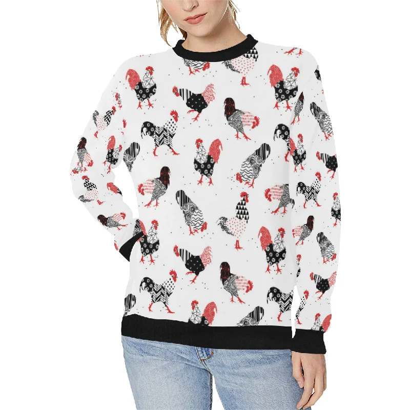 Cool rooster chicken cock floral ornament backgrou Women's Crew Neck Sweatshirt Hoodie with Distressed Vintage Worn Cool rooster chicken cock floral ornament backgrou Women's Crew Neck Sweatshirt Hoodie with Distressed Vintage Worn