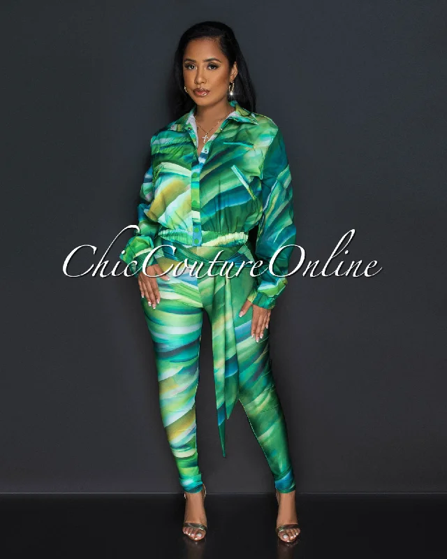 Latany Green Print Jacket & Leggings Set Jersey Jacket Tulle Jacket Batik Jacket