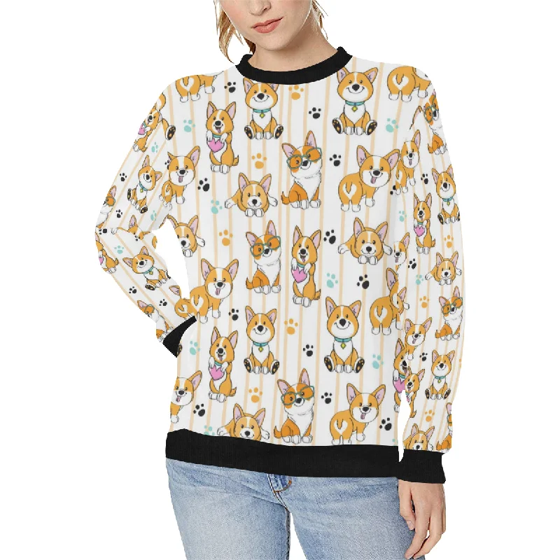 Cute dog corgi striped background pattern Women's Crew Neck Sweatshirt Hoodie with Cropped Fit Short Trendy Cute dog corgi striped background pattern Women's Crew Neck Sweatshirt Hoodie with Cropped Fit Short Trendy