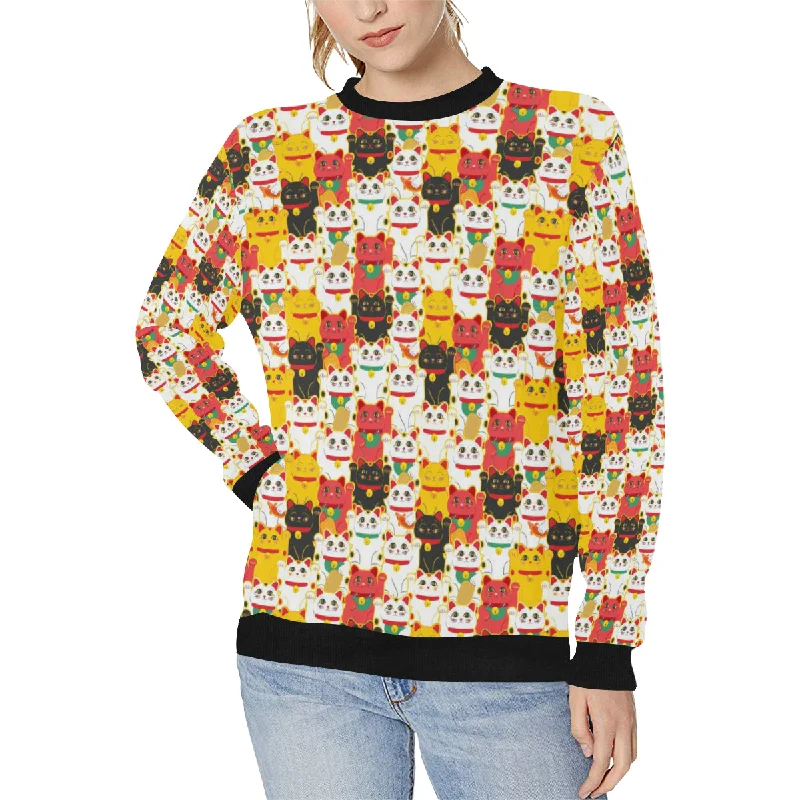 Colorful Maneki neko cat pattern Women's Crew Neck Sweatshirt Hoodie with Gradient Ombre Colorful Colorful Maneki neko cat pattern Women's Crew Neck Sweatshirt Hoodie with Gradient Ombre Colorful