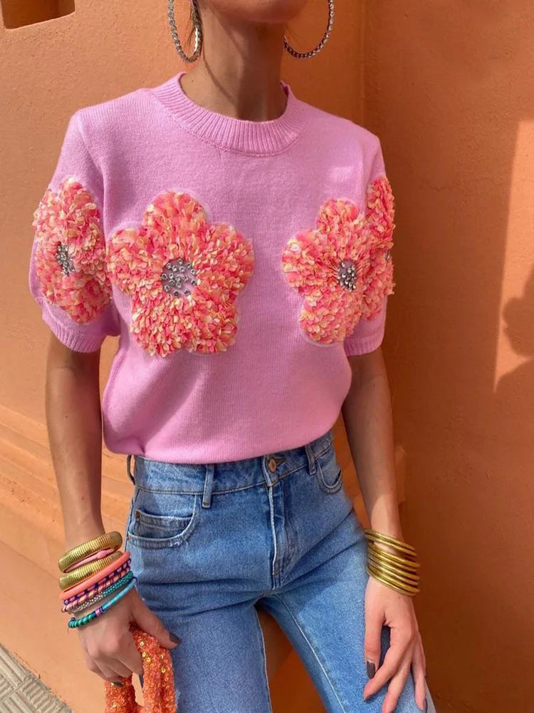 Wjczt Women 3D Flower Knitted Sweater Tshirt Elegant O Neck Short Sleeved Pullover Tops 2024 Chic Female Commute Fashion T-Shirts Print Jacquard Patchwork Wjczt Women 3D Flower Knitted Sweater Tshirt Elegant O Neck Short Sleeved Pullover Tops 2024 Chic Female Commute Fashion T-Shirts Print Jacquard Patchwork