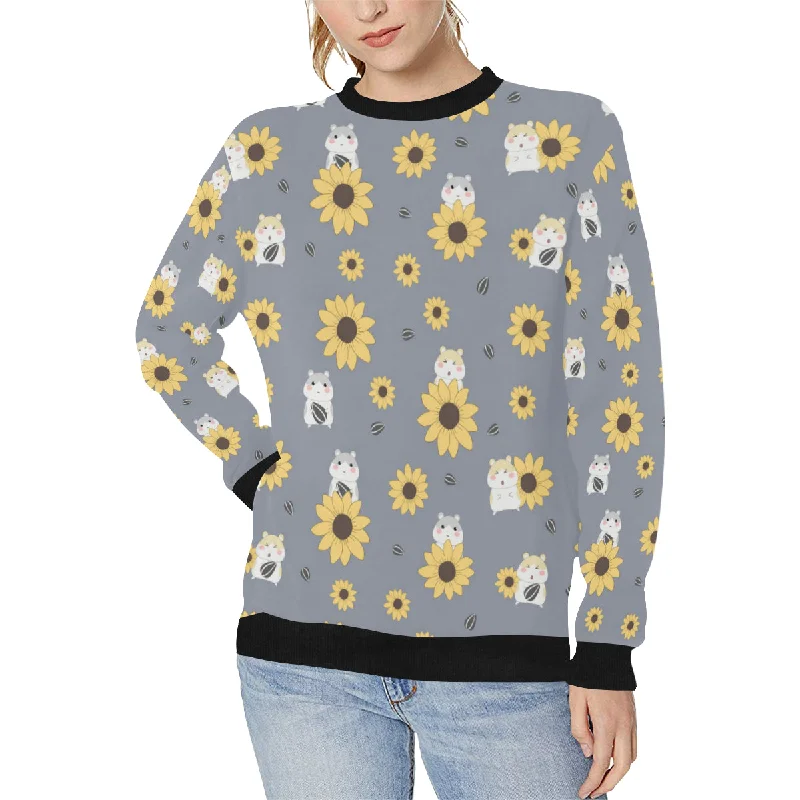 Cute hamster sunflower pattern background Women's Crew Neck Sweatshirt Hoodie with Belted Waist Structured Tailored Cute hamster sunflower pattern background Women's Crew Neck Sweatshirt Hoodie with Belted Waist Structured Tailored