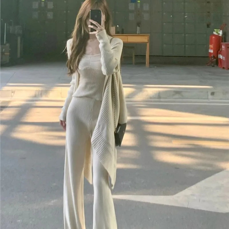 Wjczt Autumn Winter Solid Knitted 3-piece Set Women Tank Top Long Pants Cardigan Sweater Pullover Korean Fashion Casual Outfits New Casual Formal Business Wjczt Autumn Winter Solid Knitted 3-piece Set Women Tank Top Long Pants Cardigan Sweater Pullover Korean Fashion Casual Outfits New Casual Formal Business