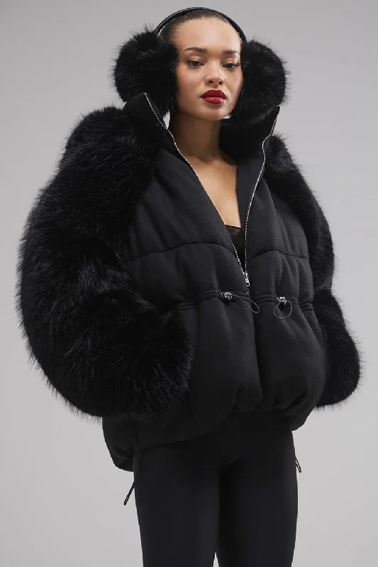 La Premiere Opulent Faux Fur Stunner Jacket - Black/Black Cotton Fabric Linen Fabric Terry Fabric La Premiere Opulent Faux Fur Stunner Jacket - Black/Black Cotton Fabric Linen Fabric Terry Fabric