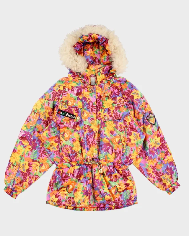 80's Vintage Floral Ski Puffer Jacket - L Zip Front Button Front Snap Front