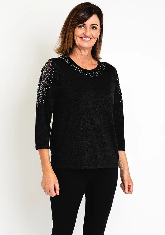Natalia Collection Glitter Embellished Sweater, Black Mesh Blend Leather Blend Suede Blend Natalia Collection Glitter Embellished Sweater, Black Mesh Blend Leather Blend Suede Blend