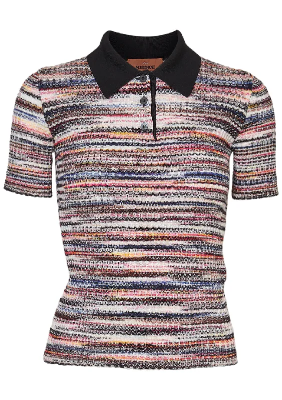 Shortsleeve V-Neck Polo Sweater Multicolour Embroidered Appliqued Beaded