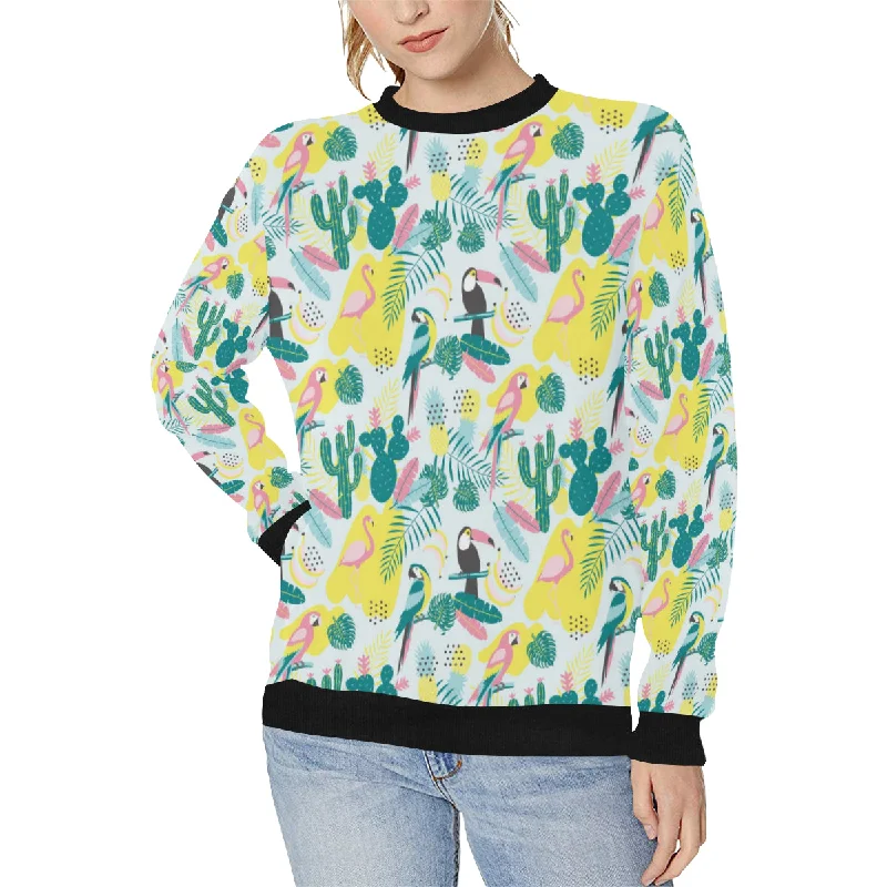 Cute parrot toucan flamingo cactus exotic leaves p Women's Crew Neck Sweatshirt Hoodie with Camouflage Military Edgy Cute parrot toucan flamingo cactus exotic leaves p Women's Crew Neck Sweatshirt Hoodie with Camouflage Military Edgy