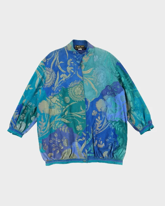 Vintage 80s Roberto Cavalli Blue & Green Floral Suede Jacket - XL Satin Jacket Silk Jacket Chiffon Jacket Vintage 80s Roberto Cavalli Blue & Green Floral Suede Jacket - XL Satin Jacket Silk Jacket Chiffon Jacket