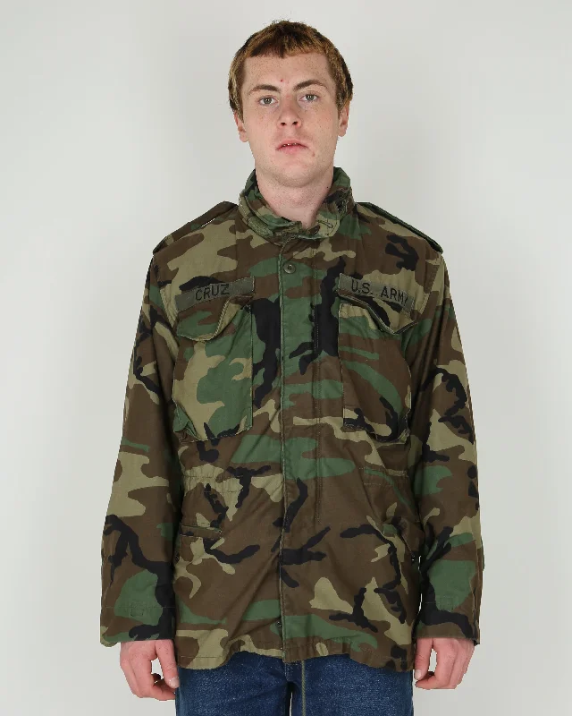 1987 Vintage US Army M81 Woodland Camouflage M65 Field Jacket - Small / Regular Knit Fabric Woven Fabric Fleece Fabric 1987 Vintage US Army M81 Woodland Camouflage M65 Field Jacket - Small / Regular Knit Fabric Woven Fabric Fleece Fabric