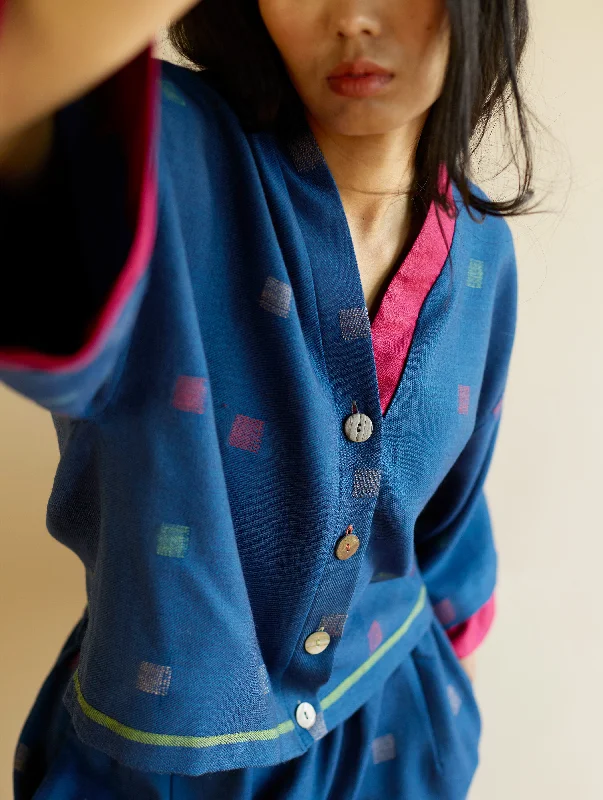 Haifa Jamdani Wool Jacket - Navy Print Jacket Jacquard Jacket Embroidered Jacket
