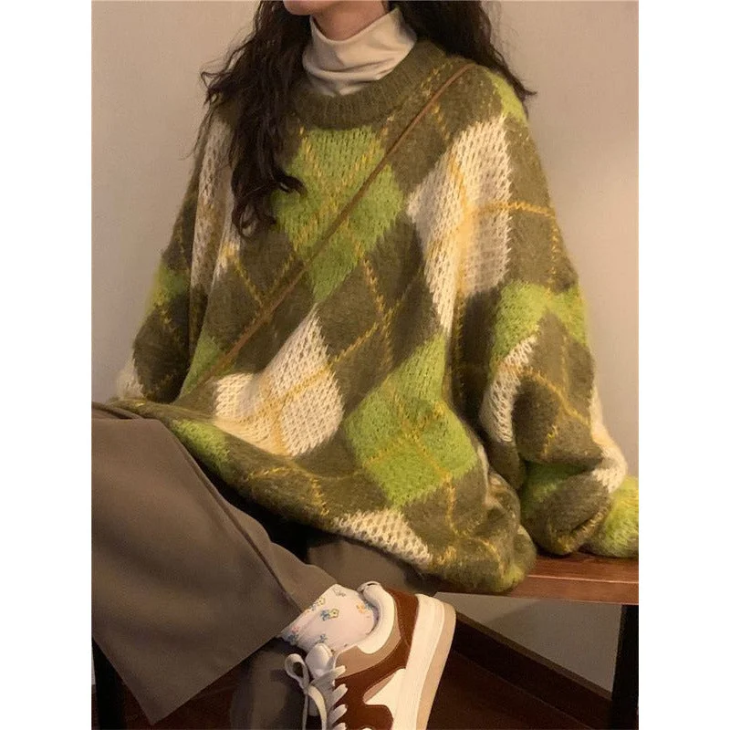 Wjczt cold weather outfits Lazy Style Retro Rhombus Soft Glutinous Color Matching Thickened Sweater Female Students Autumn and Winter Korean Style Loose Sweater Top Fashion Embroidered Appliqued Beaded Wjczt cold weather outfits Lazy Style Retro Rhombus Soft Glutinous Color Matching Thickened Sweater Female Students Autumn and Winter Korean Style Loose Sweater Top Fashion Embroidered Appliqued Beaded