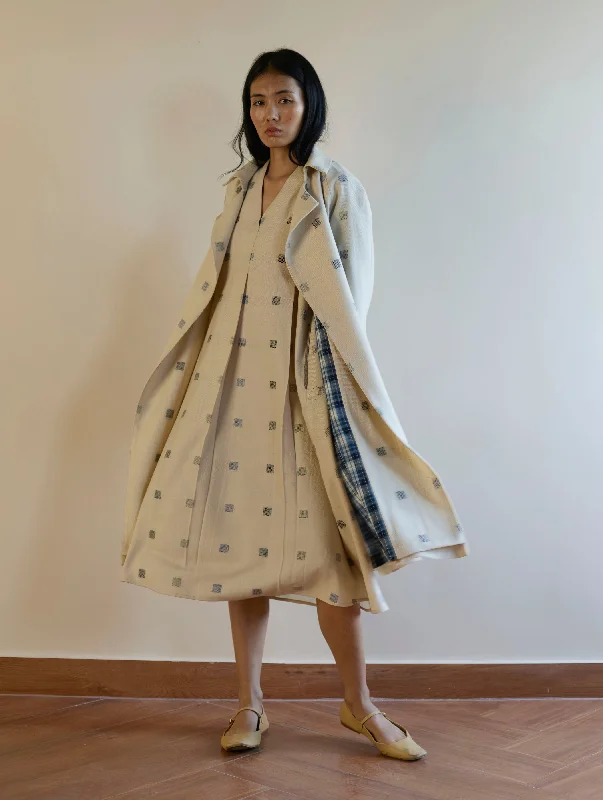 Kayan Jamdani Wool Dress with Jacket - Ivory Striped Jacket Polka Dot Jacket Floral Jacket Kayan Jamdani Wool Dress with Jacket - Ivory Striped Jacket Polka Dot Jacket Floral Jacket