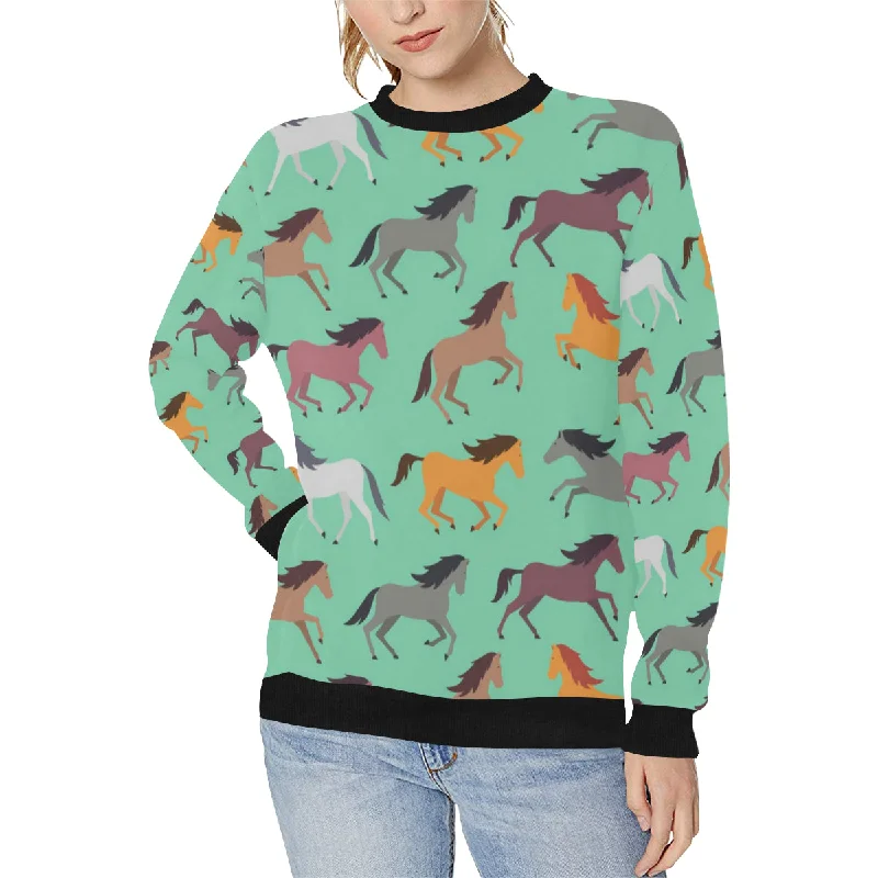 Colorful horses pattern Women's Crew Neck Sweatshirt Hoodie with Stripes Bold Sporty Colorful horses pattern Women's Crew Neck Sweatshirt Hoodie with Stripes Bold Sporty