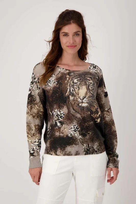Tiger Print Sweater in Espresso Pattern 806362MNR by Monari - OUTLET SALE Ribbed Striped Patterned Tiger Print Sweater in Espresso Pattern 806362MNR by Monari - OUTLET SALE Ribbed Striped Patterned
