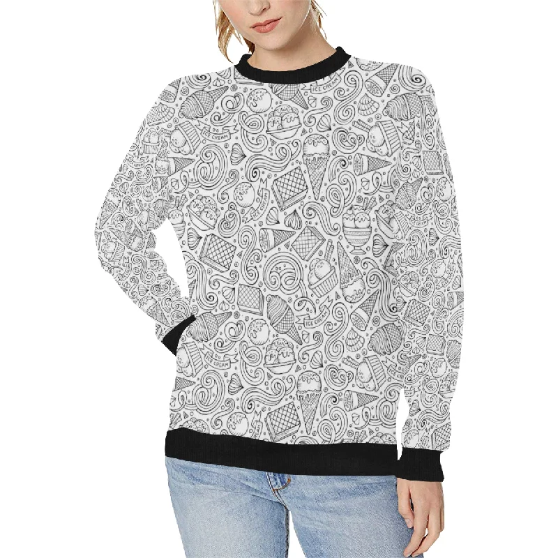 Cartoon hand drawn ice cream black white Women's Crew Neck Sweatshirt Hoodie with Earth Tones Natural Calm Cartoon hand drawn ice cream black white Women's Crew Neck Sweatshirt Hoodie with Earth Tones Natural Calm