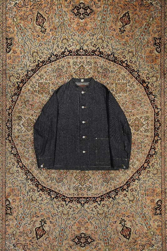 Taiga Takahashi STAND COLLAR DENIM JACKET (RAW INDIGO) Front Pockets Side Pockets Patch Pockets Taiga Takahashi STAND COLLAR DENIM JACKET (RAW INDIGO) Front Pockets Side Pockets Patch Pockets