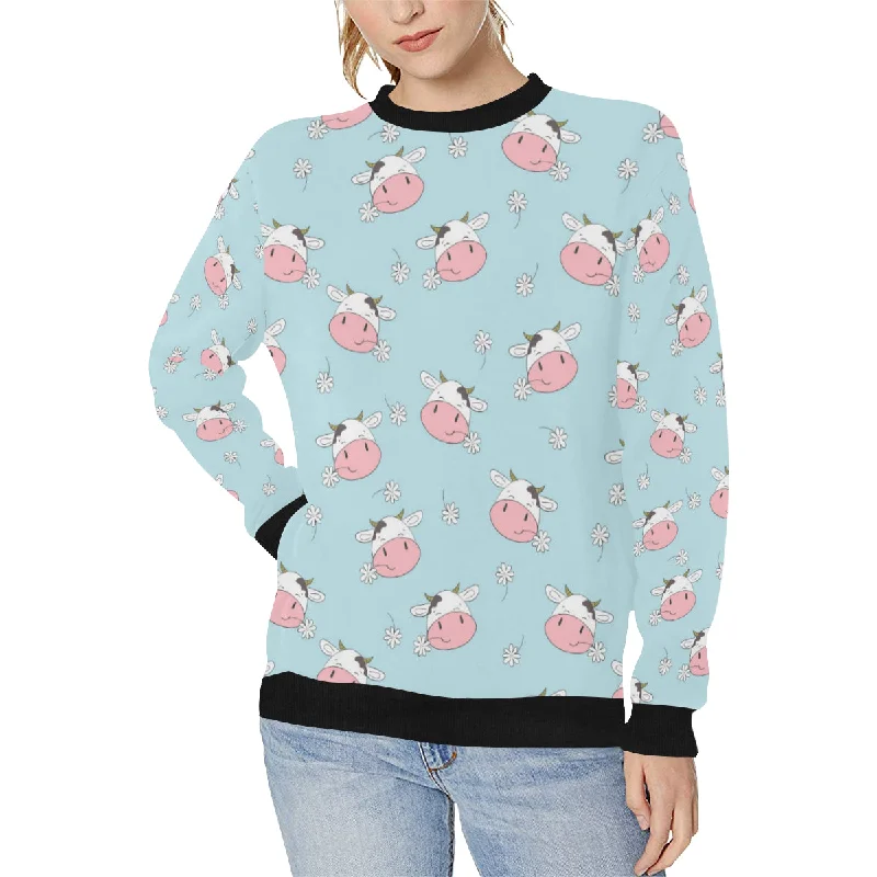 Cute cow flower pattern Women's Crew Neck Sweatshirt Hoodie with Hem Ribbing Snug Secure