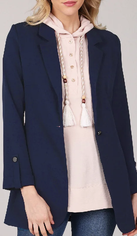 Maya Long Light Comfy Blazer Jacket - Navy Hooded Jacket Caped Jacket Shawl Collar Jacket Maya Long Light Comfy Blazer Jacket - Navy Hooded Jacket Caped Jacket Shawl Collar Jacket