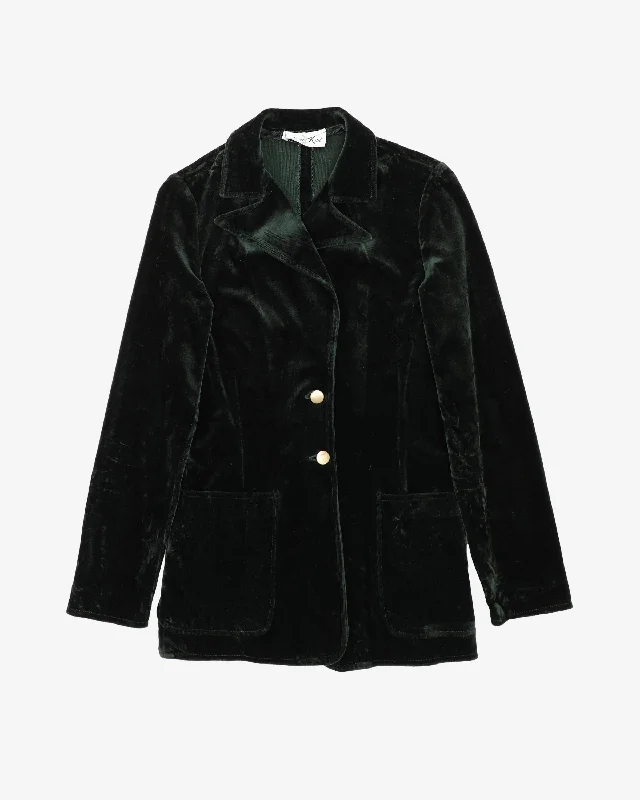 1980s Green Velvet Blazer Jacket - XS Boat Neck Shawl Collar Notched Collar