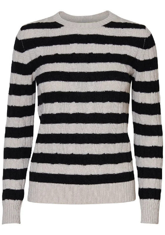 Stripey Beige & Black Cashmere Cable-knit Sweater Striped Floral Plaid