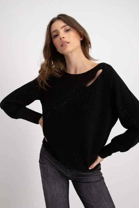 Cut-Out Jumper with Bling 807602MNR in Black by Monari Fleece Fabric Down Fabric Feather Fabric Cut-Out Jumper with Bling 807602MNR in Black by Monari Fleece Fabric Down Fabric Feather Fabric