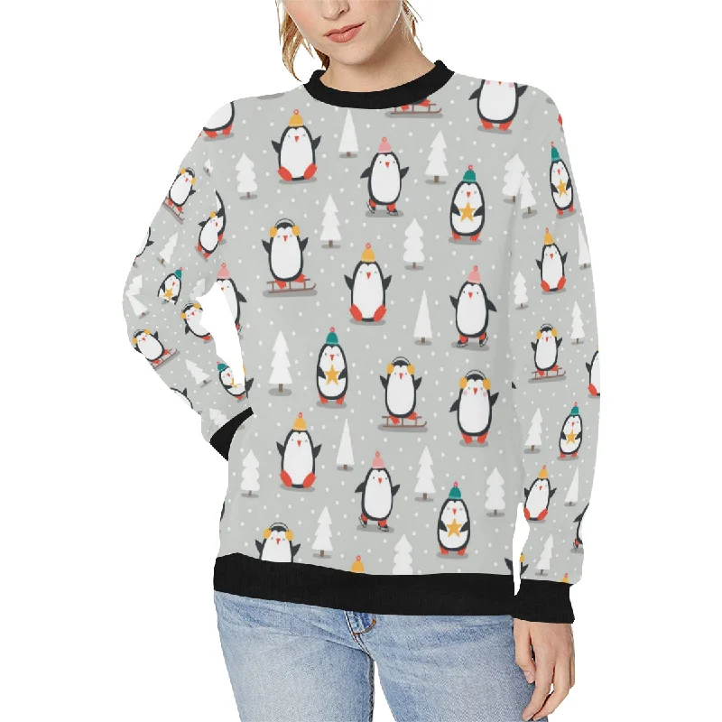 Cute Penguin christmas pattern Women's Crew Neck Sweatshirt Hoodie with Fur Luxurious Winter Cute Penguin christmas pattern Women's Crew Neck Sweatshirt Hoodie with Fur Luxurious Winter