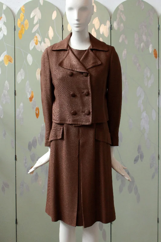 Vintage 1960s Brown Dress Set With Weighted Jacket, XS Lace Jacket Ribbed Jacket Sequined Jacket Vintage 1960s Brown Dress Set With Weighted Jacket, XS Lace Jacket Ribbed Jacket Sequined Jacket