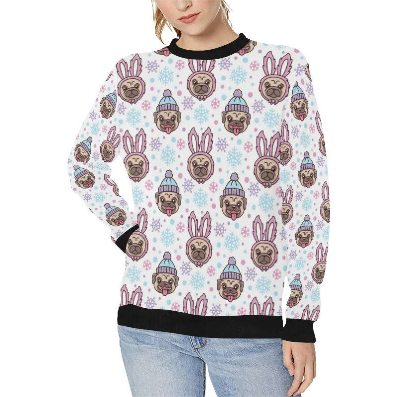 Cute pug hat rabbit costume pattern Women's Crew Neck Sweatshirt Hoodie with Embroidery Detailed Premium Cute pug hat rabbit costume pattern Women's Crew Neck Sweatshirt Hoodie with Embroidery Detailed Premium