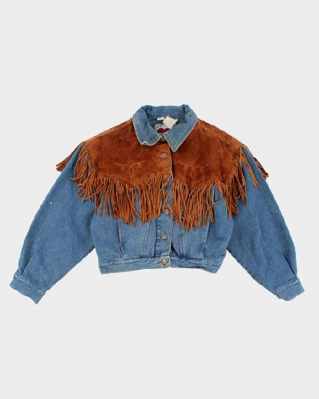 Vintage Woman's Medium Wash Suede Fridge Cropped Denim Jacket - M Cotton Jacket Linen Jacket Terry Jacket Vintage Woman's Medium Wash Suede Fridge Cropped Denim Jacket - M Cotton Jacket Linen Jacket Terry Jacket