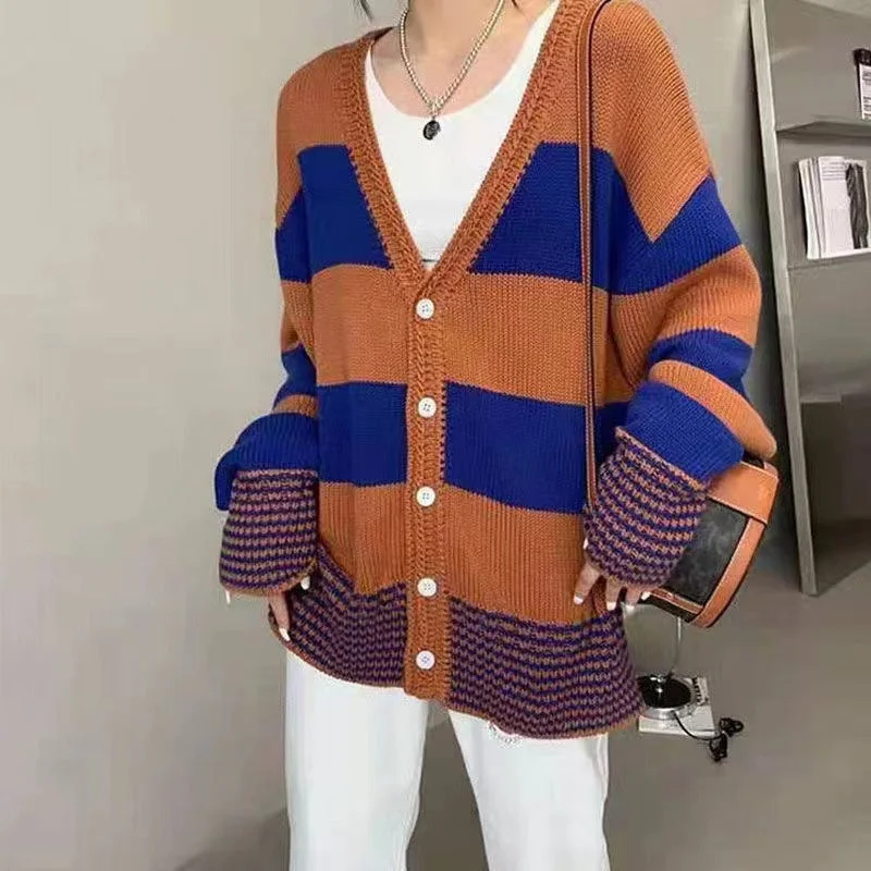 Wjczt streetwear men outfits 2024 Autumn Knitwear Sweater Women's Color Matching Cardigan V-neck Coat Women's Striped Loose Casual Style Women's Clothing Soft Cozy Warm Wjczt streetwear men outfits 2024 Autumn Knitwear Sweater Women's Color Matching Cardigan V-neck Coat Women's Striped Loose Casual Style Women's Clothing Soft Cozy Warm