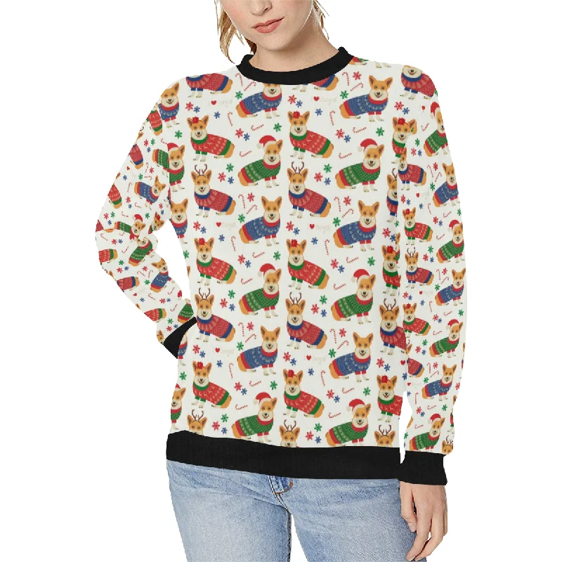 Corgi Christmas Pattern Women's Crew Neck Sweatshirt Hoodie with Full-Zip Functional Layering Corgi Christmas Pattern Women's Crew Neck Sweatshirt Hoodie with Full-Zip Functional Layering